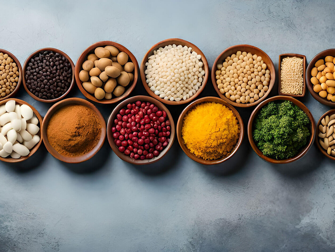 Selection of different foodstuffs in bowls